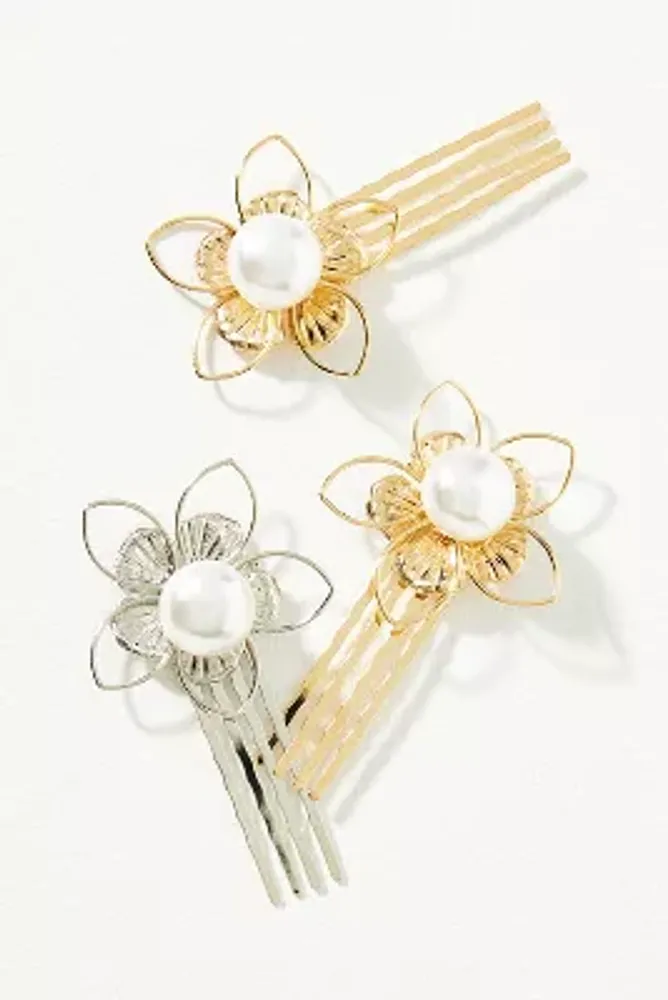 Metal Pearl Flower Bobby Pins, Set of 3