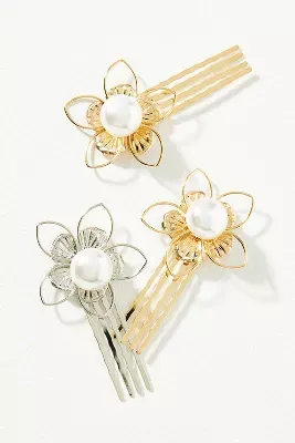 Metal Pearl Flower Bobby Pins, Set of 3