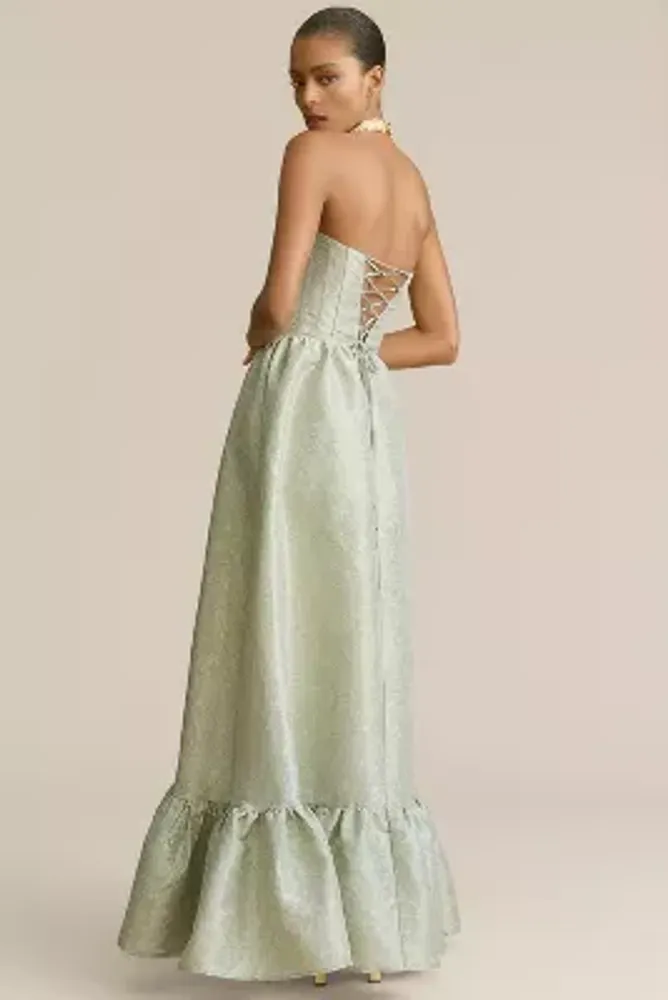 Strapless Gown with Draped Side Slit and Molded Leather Bodice