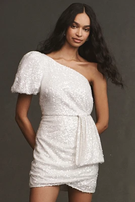 Sachin & Babi Dova Puffed One-Shoulder Sequin Bow Train Wrap Mini Dress