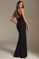 BHLDN Juliana High-Neck Side-Slit Stretch Crepe Maxi Dress