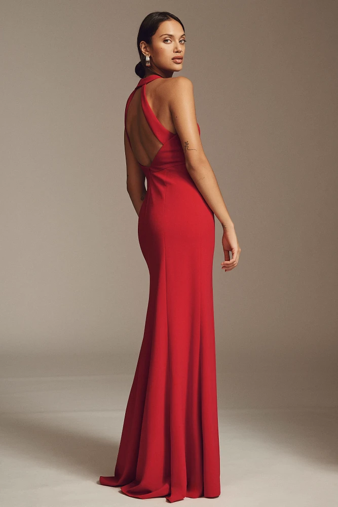 BHLDN Juliana High-Neck Side-Slit Stretch Crepe Maxi Dress