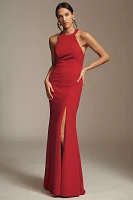 BHLDN Juliana High-Neck Side-Slit Stretch Crepe Maxi Dress