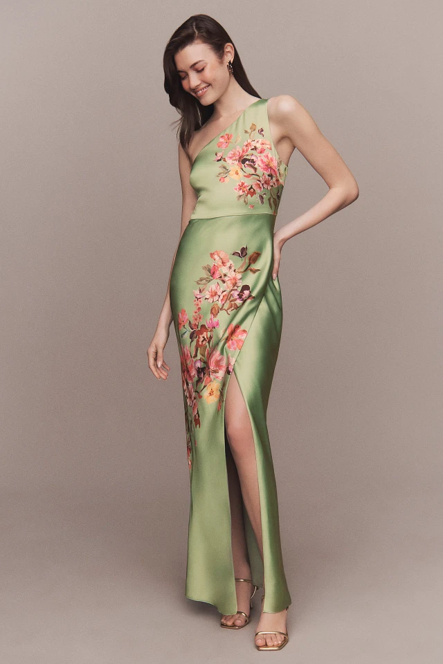 bhldn scottie one-shoulder side-slit stretch satin maxi dress BHLDN Dylan Stretch Satin One-Shoulder Side-Slit Maxi Dress at MarketFair Shoppes in Princeton, NJ