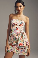 Sachin & Babi Strapless Satin Draped Floral Mini Dress