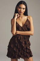 BHLDN Jia Ruffled V-Neck Mini Jacquard Dress