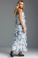 BHLDN Jia Printed Bias-Cut Ruffled V-Neck Gown