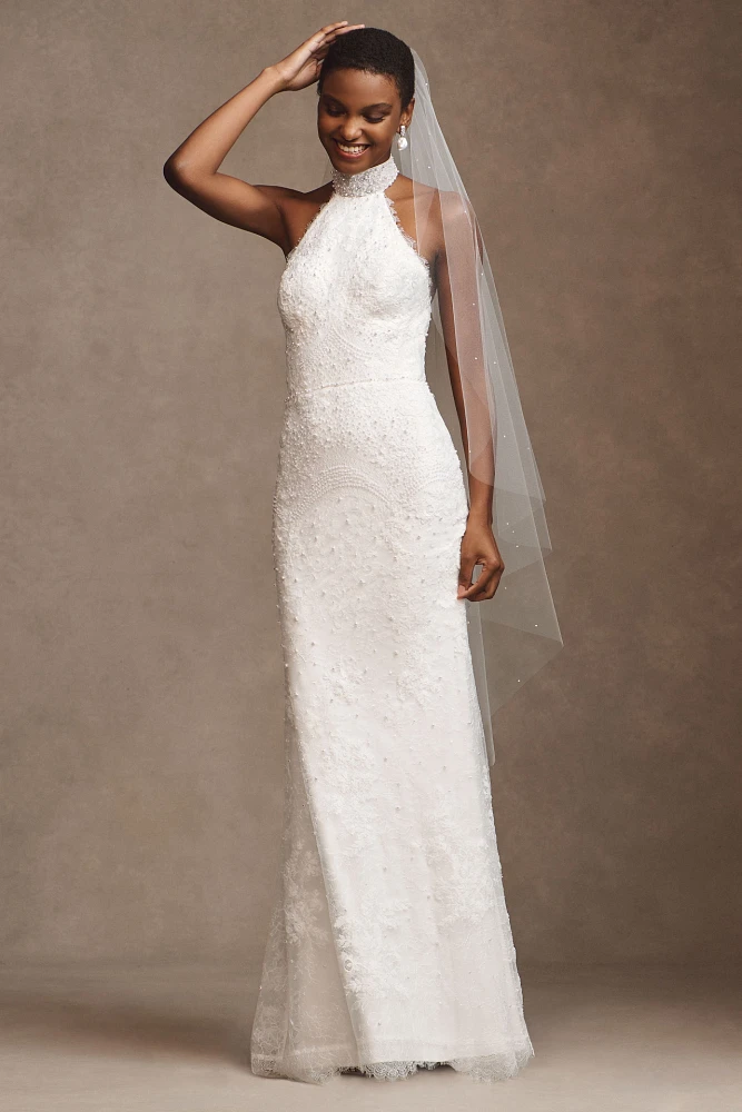 Watters Belle Scalloped Halter Wedding Gown