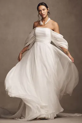 Jenny by Yoo Noa Off-The-Shoulder A-Line Chiffon Wedding Gown