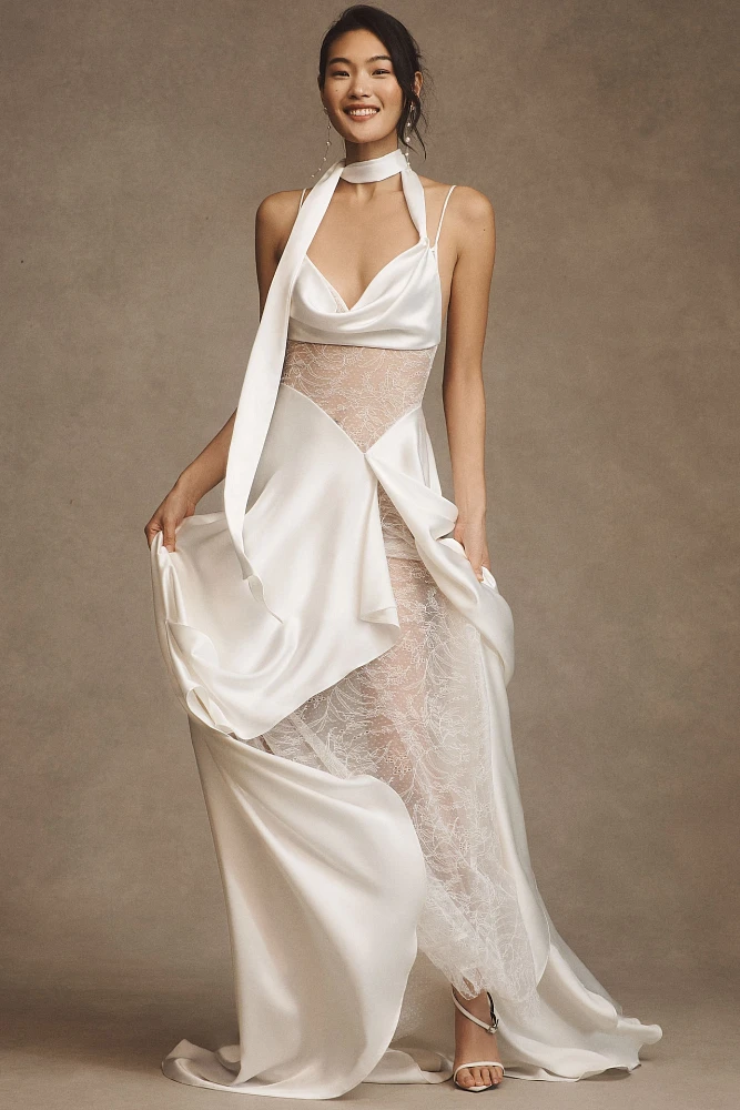 Watters Venus Satin & Lace Draped Wedding Gown