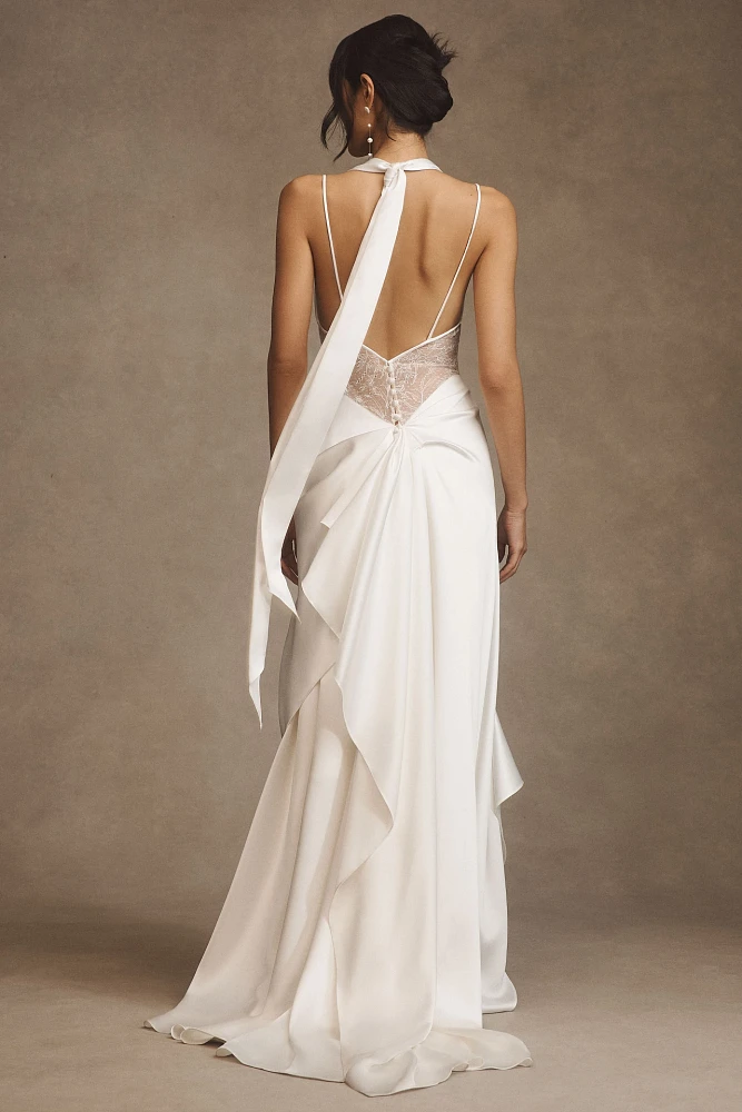 Watters Venus Satin & Lace Draped Wedding Gown