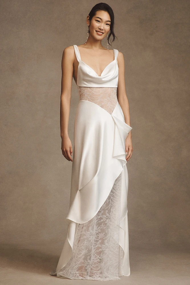 Watters Venus Satin & Lace Draped Wedding Gown