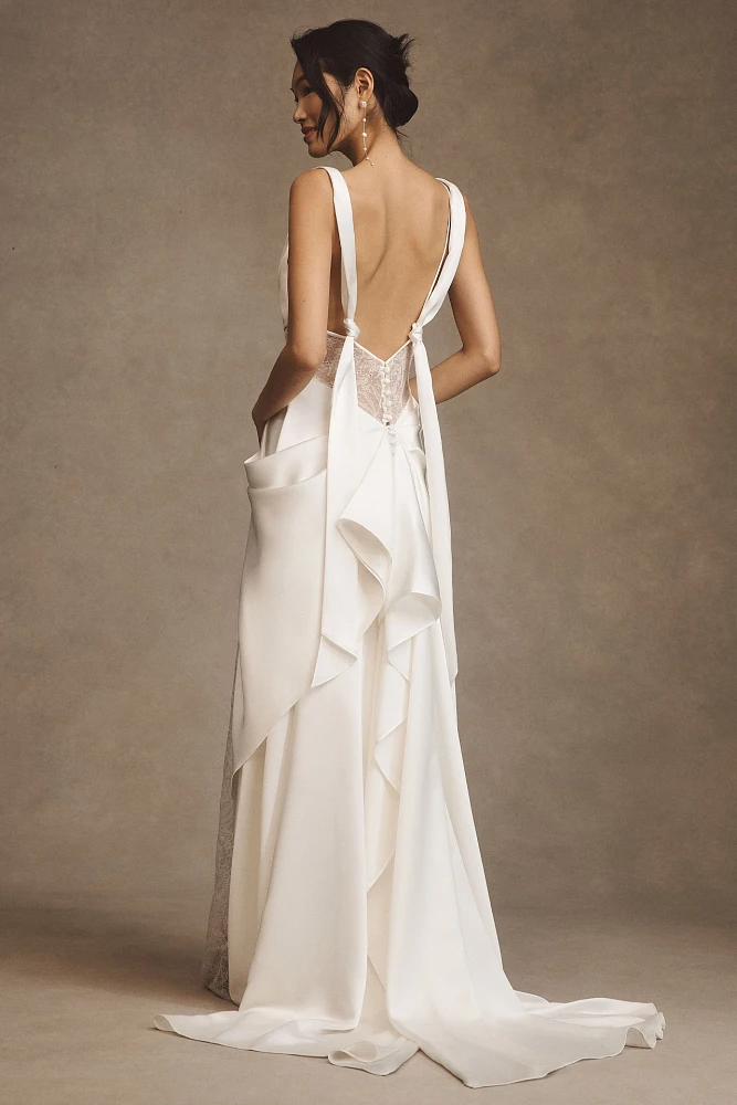 Watters Venus Satin & Lace Draped Wedding Gown