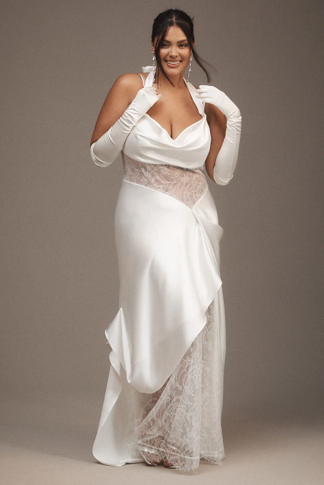 Watters Venus Satin & Lace Draped Wedding Gown