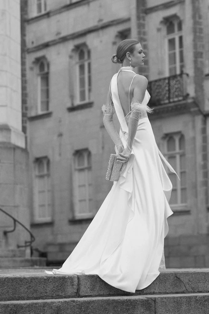 Watters Venus Satin & Lace Draped Wedding Gown