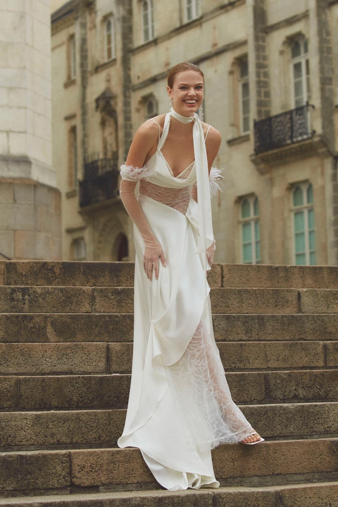 Watters Venus Satin & Lace Draped Wedding Gown