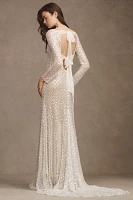 Watters Mia Long-Sleeve Open-Back Sheath Wedding Gown