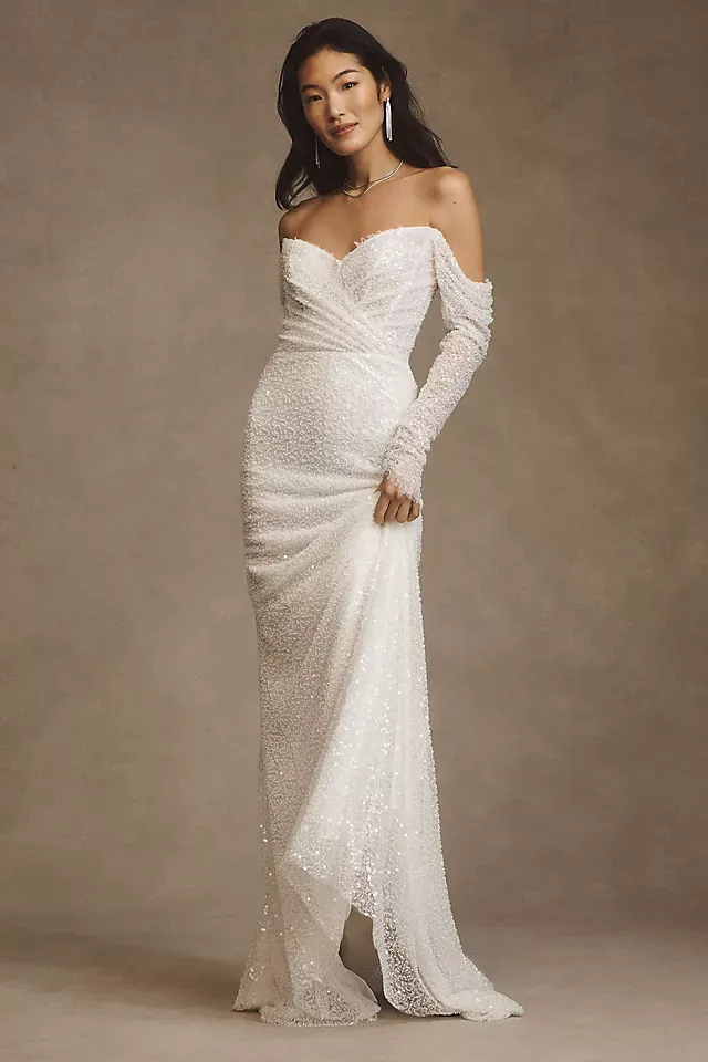 Watters January Plunge-Neckline Beaded Tulle Wedding Gown