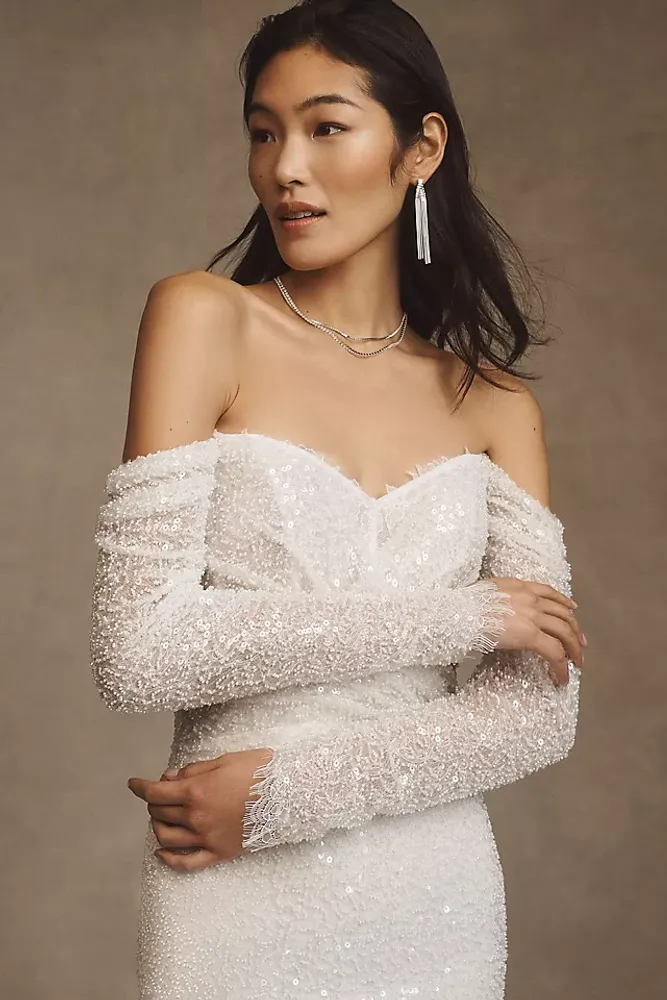 Watters Glimpse Long-Sleeve Off-The-Shoulder Wedding Gown