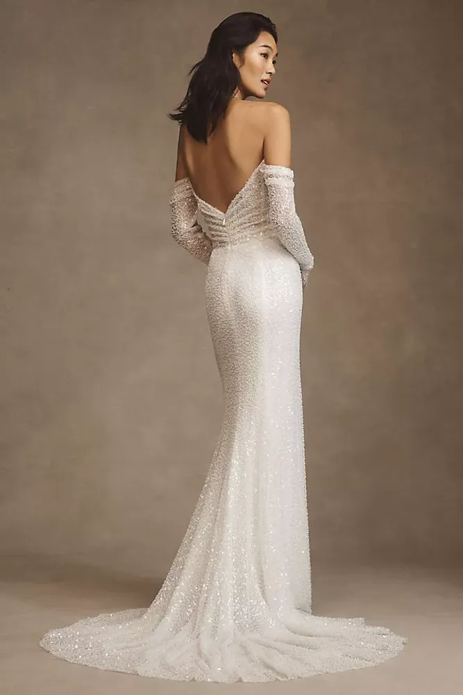 Watters Glimpse Long-Sleeve Off-The-Shoulder Wedding Gown