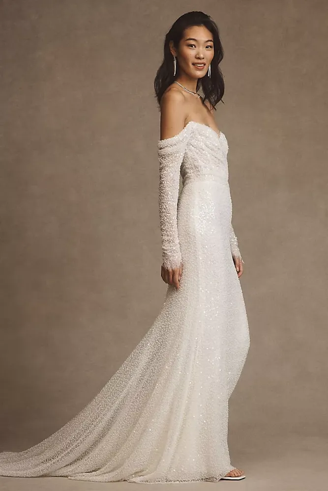 Watters Glimpse Long-Sleeve Off-The-Shoulder Wedding Gown