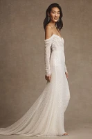 Watters Glimpse Long-Sleeve Off-The-Shoulder Corset Wedding Gown