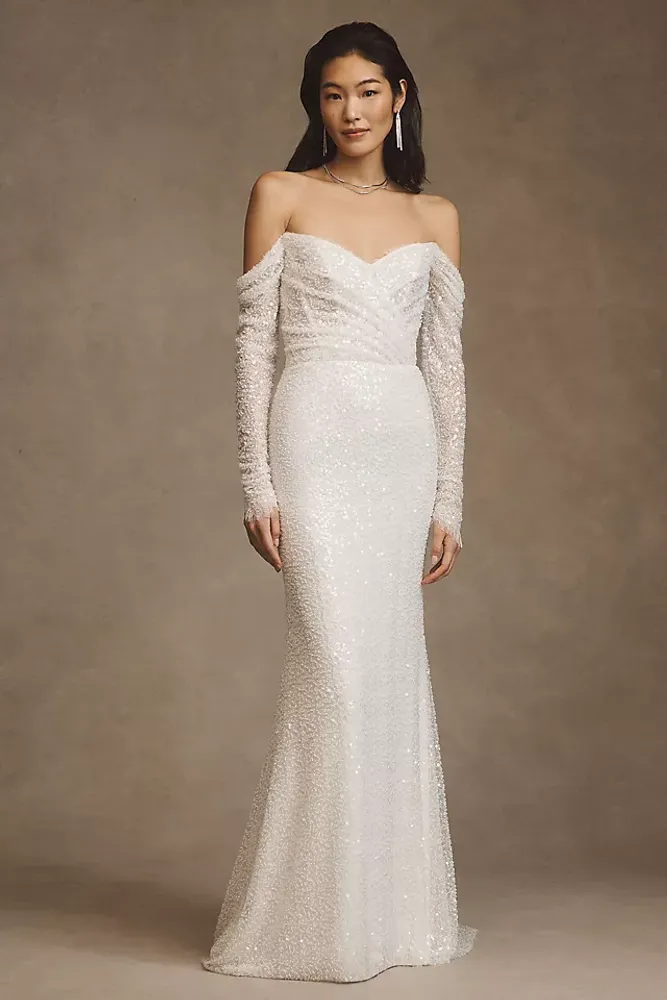 Watters Glimpse Long-Sleeve Off-The-Shoulder Wedding Gown