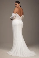 Watters Glimpse Long-Sleeve Off-The-Shoulder Corset Wedding Gown