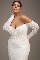 Watters Glimpse Long-Sleeve Off-The-Shoulder Corset Wedding Gown