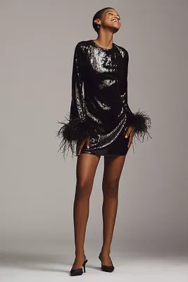 Hutch Long-Sleeve Sequin Feather Mini Dress