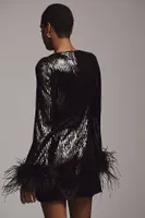 Hutch Long-Sleeve Sequin Feather Mini Dress
