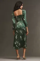 Reformation Gloriana Long-Sleeve Sweetheart Side-Slit Silk Midi Dress