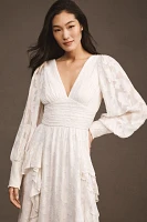 BHLDN Donna Long-Sleeve V-Neck Ruffled Maxi Dress