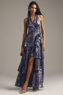 Hutch Paige Sleeveless Halter Sequin Printed Tiered Wrap Maxi Dress