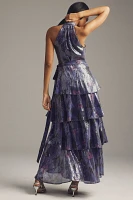 Hutch Paige Sleeveless Halter Sequin Printed Tiered Wrap Maxi Dress