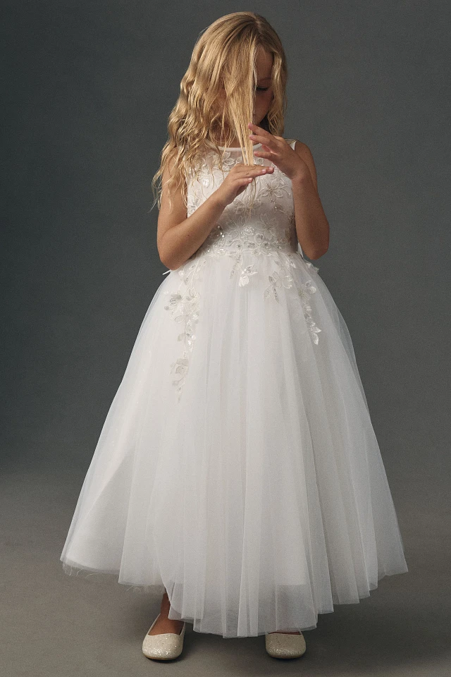 open lace back dress Princess Daliana Christening Girl Changing Outfit with Flowers P90173 12 Months / White main image 1