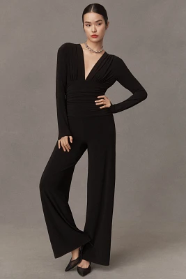 Norma Kamali Long-Sleeve V-Neck Shirred-Waist Jumpsuit