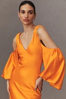 Halston Binnie V-Neck Puff-Sleeve Satin Mermaid Gown