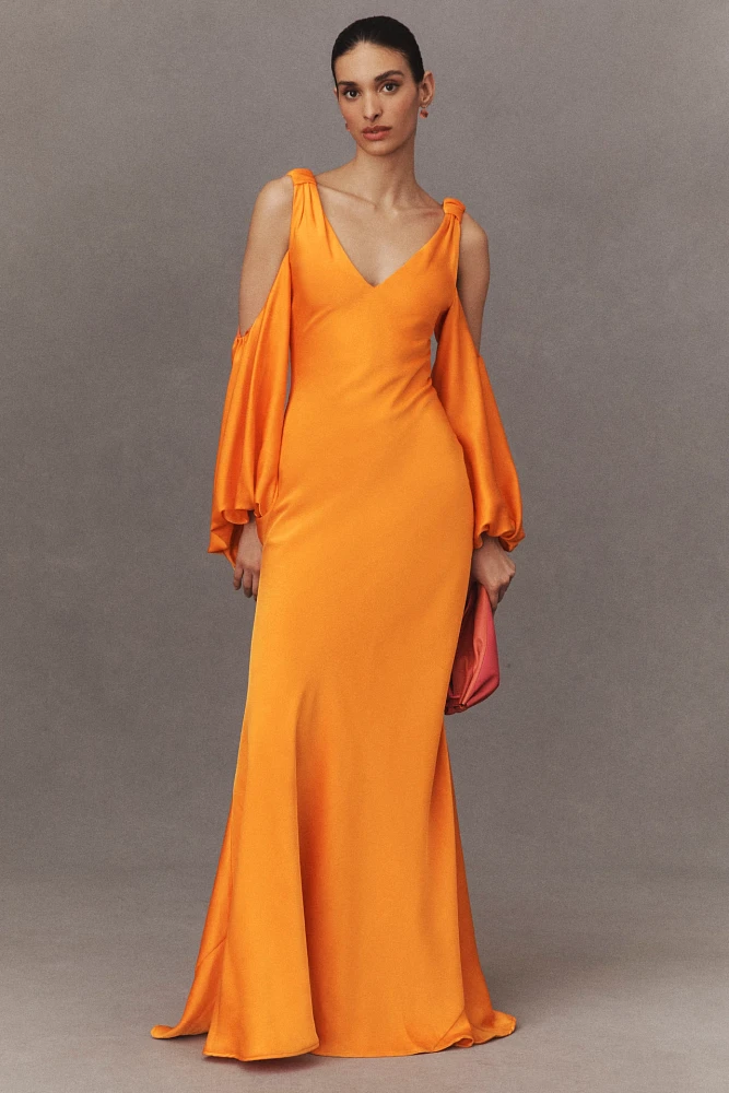 Halston Binnie V-Neck Puff-Sleeve Satin Mermaid Gown