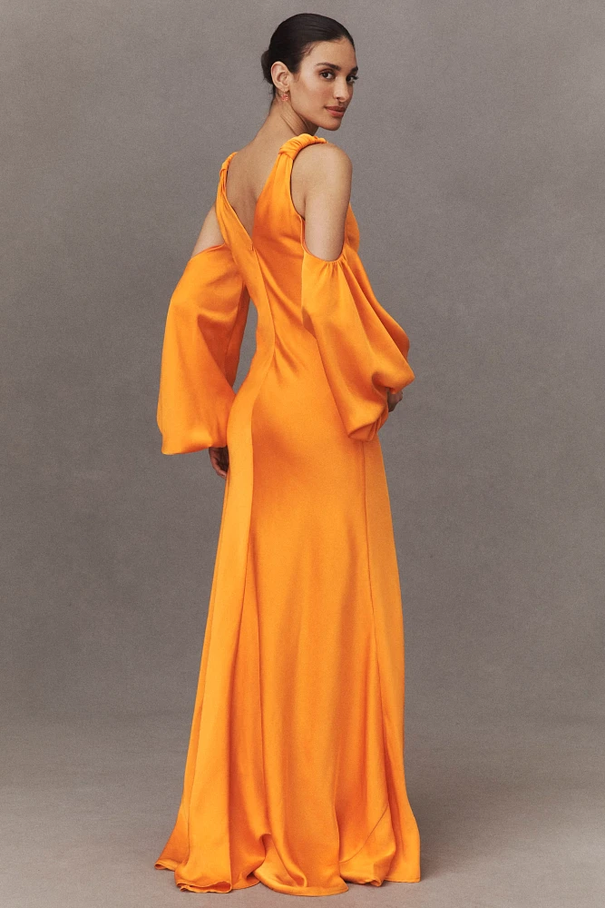 Halston Binnie V-Neck Puff-Sleeve Satin Mermaid Gown