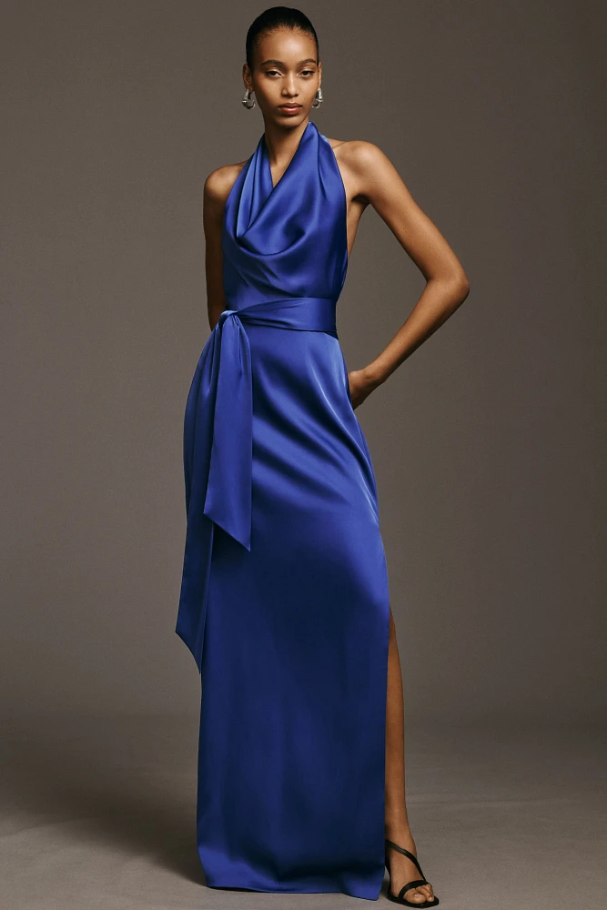 Liv Foster Satin Cowl-Neck Column Gown