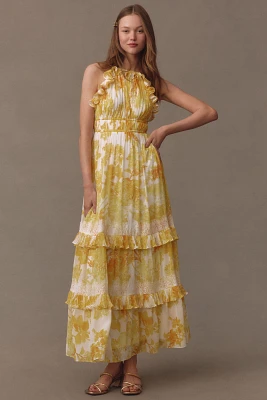 BHLDN Ava Chiffon High-Neck Ruffled Maxi Dress