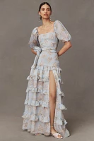 V. Chapman Elsie Ruched Tiered Puff-Sleeve Gown