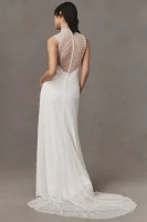 Watters Sloane Mock-Neck Pearl-Embellished Sheer Wedding Gown