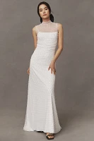 Watters Sloane Mock-Neck Pearl-Embellished Sheer Wedding Gown