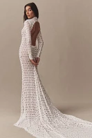 Daughters of Simone Hollis Long-Sleeve High-Neck Open-Back Lace Wedding Gown