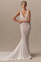 Daughters of Simone Nev Sleeveless Deep-V Lace Wedding Gown