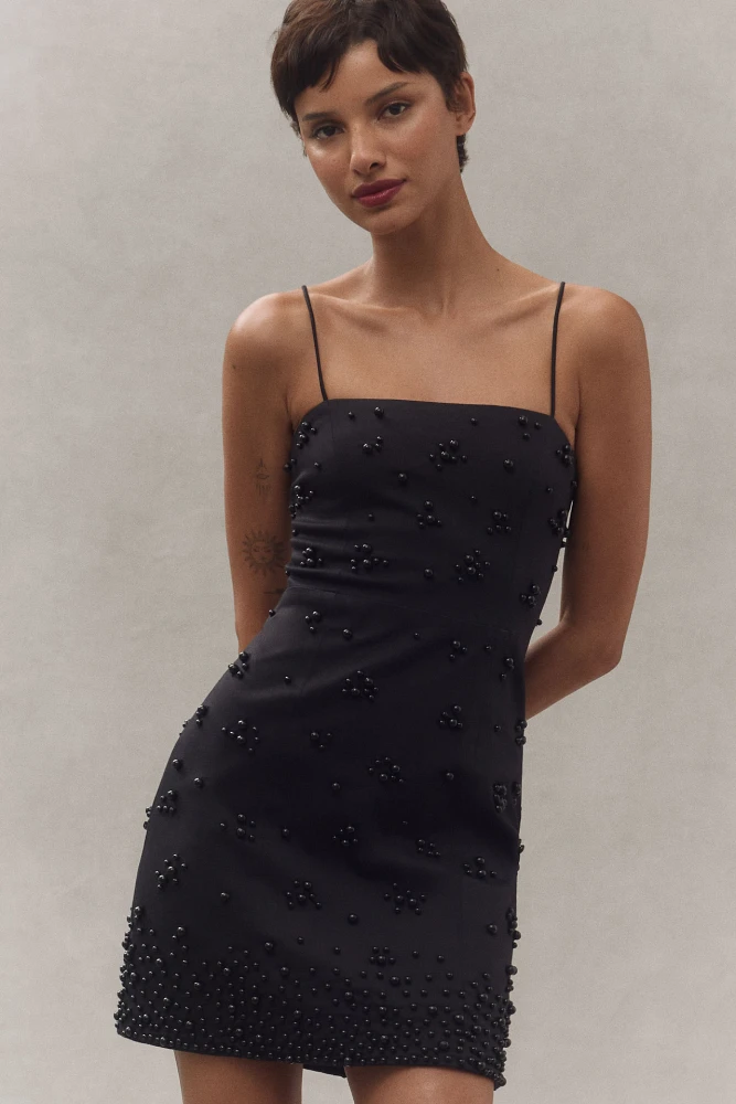 BHLDN Emerson Straight-Neck Pearl-Embellished Mini Dress