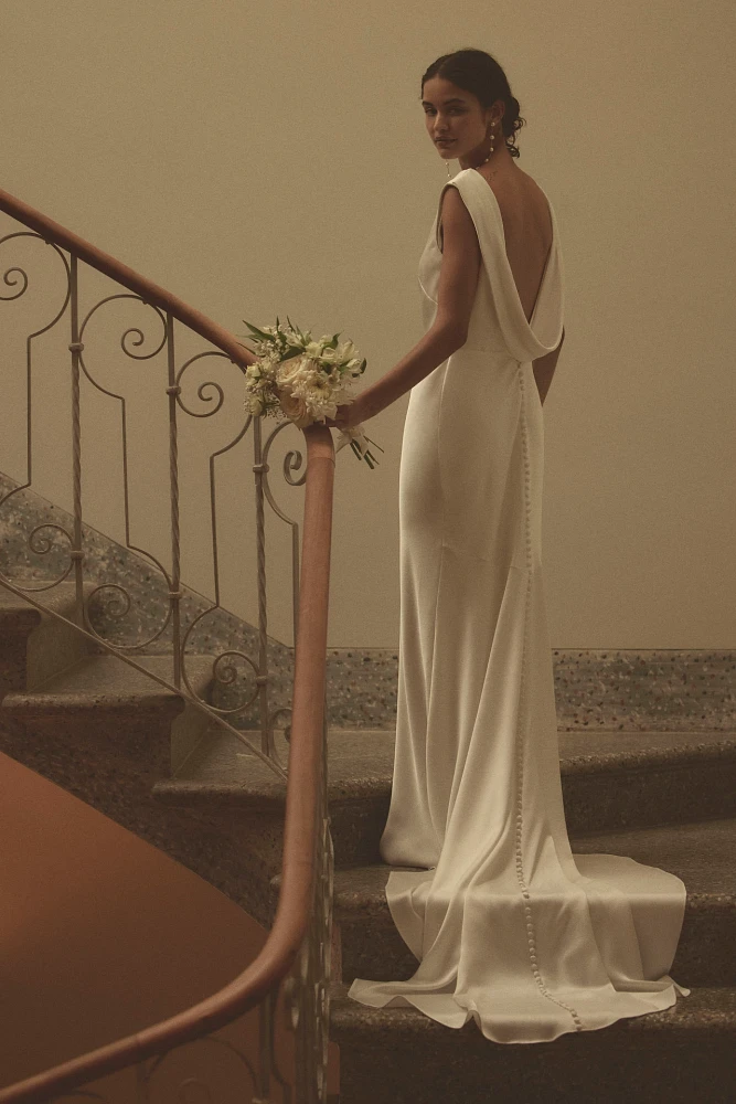 Jenny by Yoo Nessa High-Neck Draped Open-Back Satin Wedding Gown