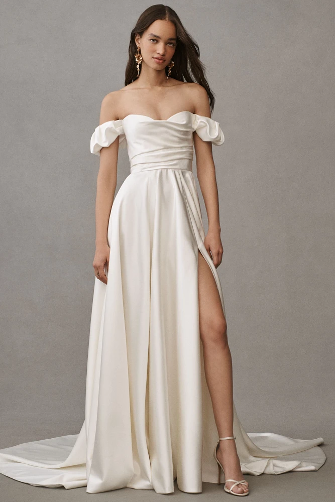 Jenny Yoo Kennedy Off-The-Shoulder A-Line Satin Wedding Gown